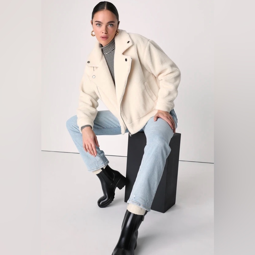 Lulus Wishing for Warmth Cream Shearling Teddy Fuzzy Moto Jacket‎ Coat Size XS